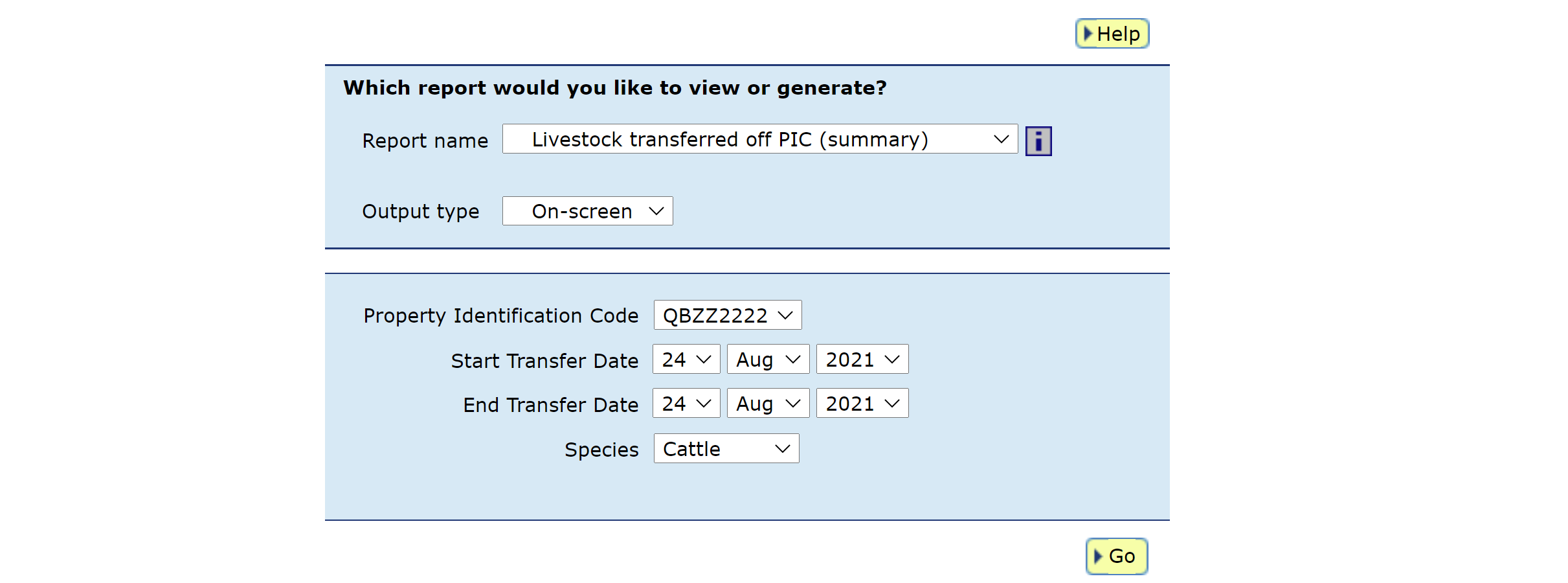 Screenshot of NLIS database showing which report to view or generate